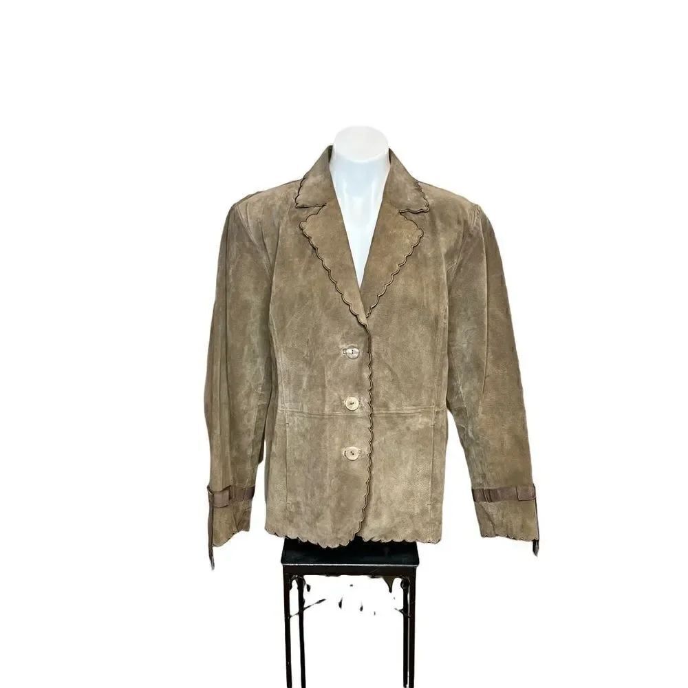 Terry Lewis classic luxuries tan suede jacket with scalloped trim size L